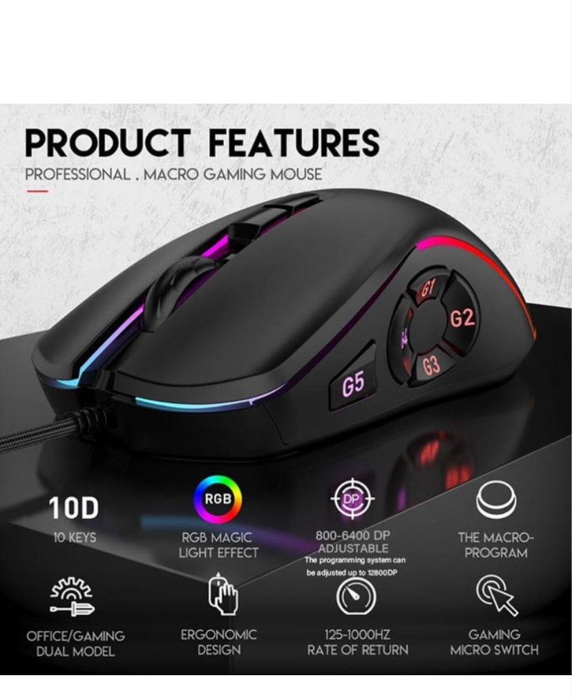 JOMAA RGB Wired Gaming Mouse 12800 DP Adjustable Macro Mouse Ergonomic