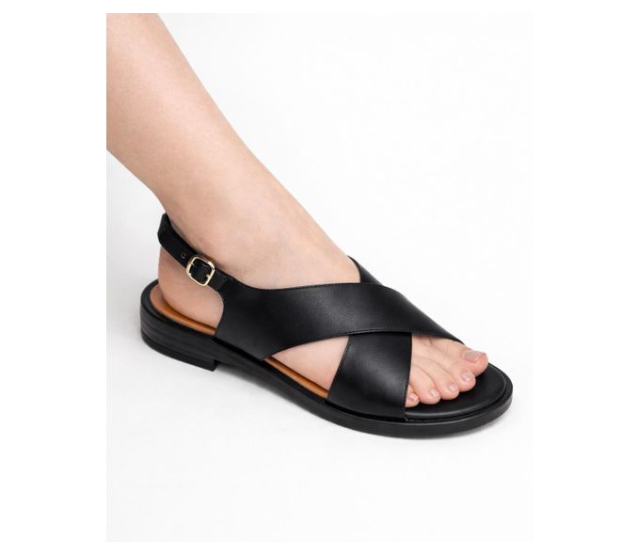 Women’s Flat Cross Strap Original Leather Sandals – Black