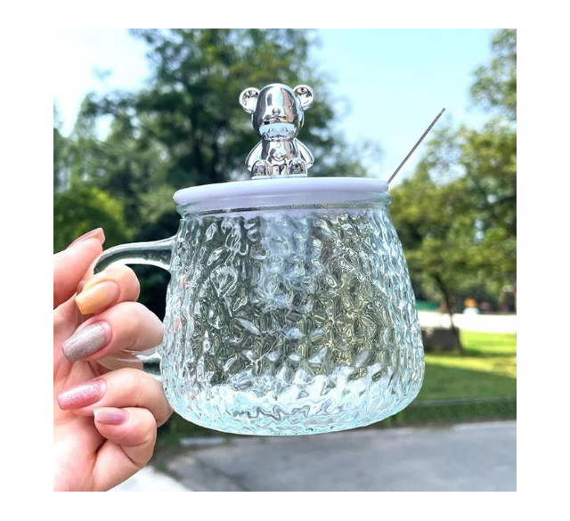 Oem Glass Mug with bear 30ml Transparent with white lid and spoon